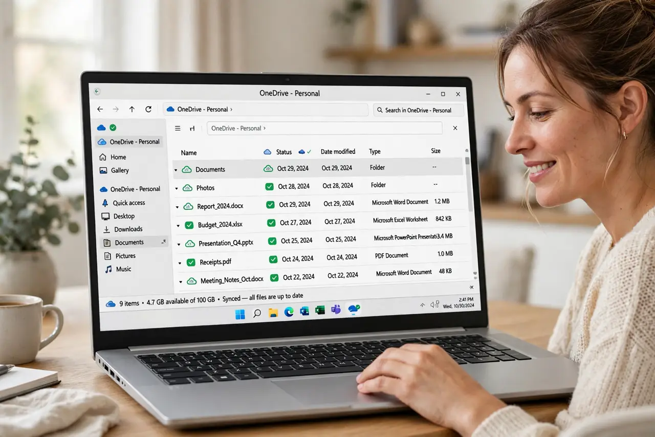 A relaxed woman looking at File Explorer on a Windows laptop showing OneDrive files with cloud and checkmark icons.