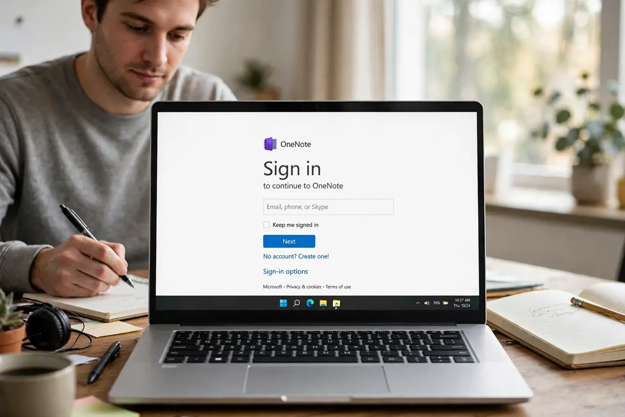 Photoreal photo of a person performing the first step: Get OneNote and sign in. Download OneNote (free) on your devices and sign in with a Microsoft account. Signing in is what enables sync — without it, n...