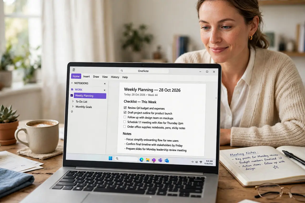 Photoreal photo: a calm person at a desk with a real laptop showing a legible OneNote page with typed notes and a checklist, a notebook beside it, the person's face relaxed and organized. No black screen, no blank white