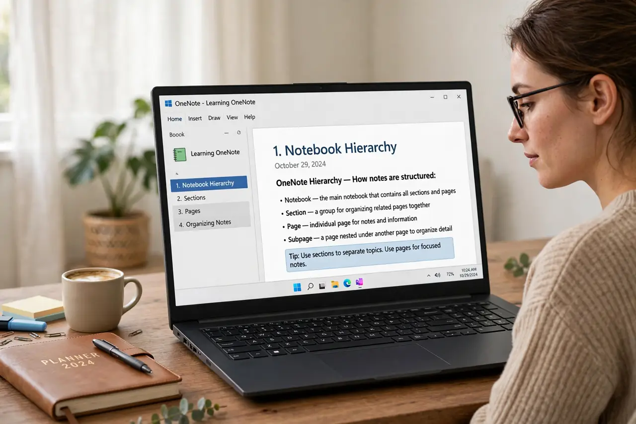 Photoreal photo of a person performing the first step: Start with the three levels. Notebook > section > page is the whole hierarchy. A notebook is a binder, sections are tabs, pages are sheets — and pages...