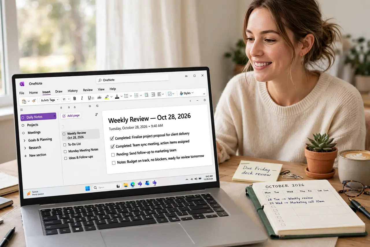 Photoreal photo: a calm organized person at a desk with a real laptop showing a legible OneNote notebook with tidy section tabs and pages, a notebook planner beside it, the person's face satisfied. No black screen, no bl