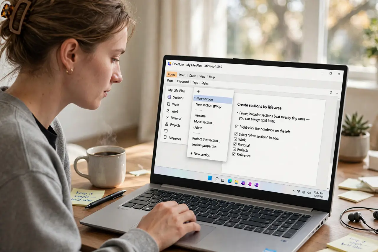 A person performing the first step of the guide: Create sections by life area.