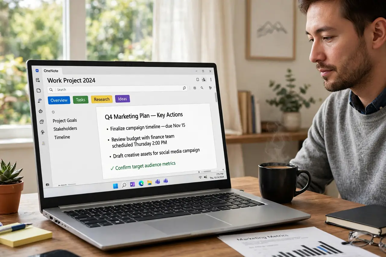 a person at a real desk with a laptop showing OneNote with legible colored section tabs, the person's face organized and calm, home office.
