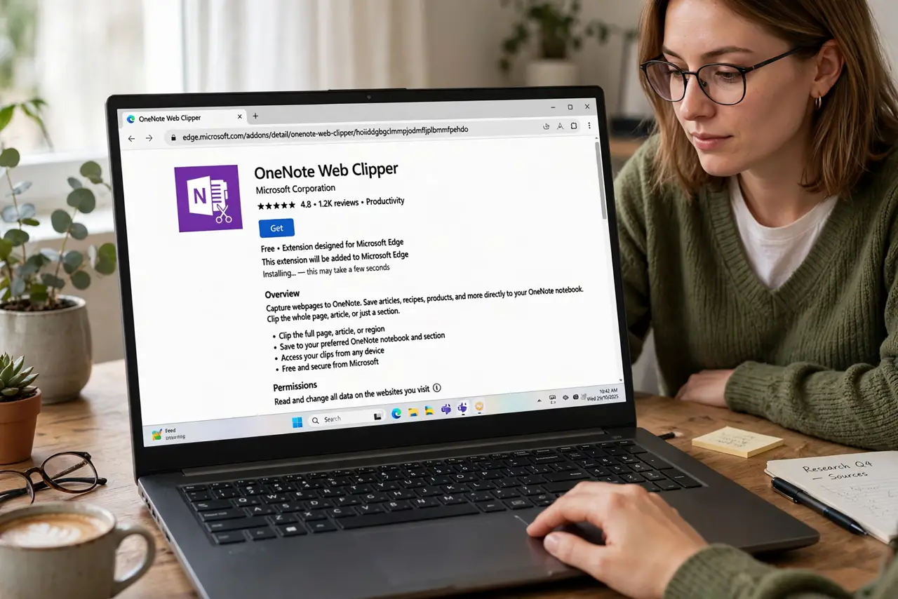 Photoreal photo of a person performing the first step: Install the extension. Get OneNote Web Clipper from your browser's extension store (Edge, Chrome, and Firefox all have it) and sign in with your Micro...