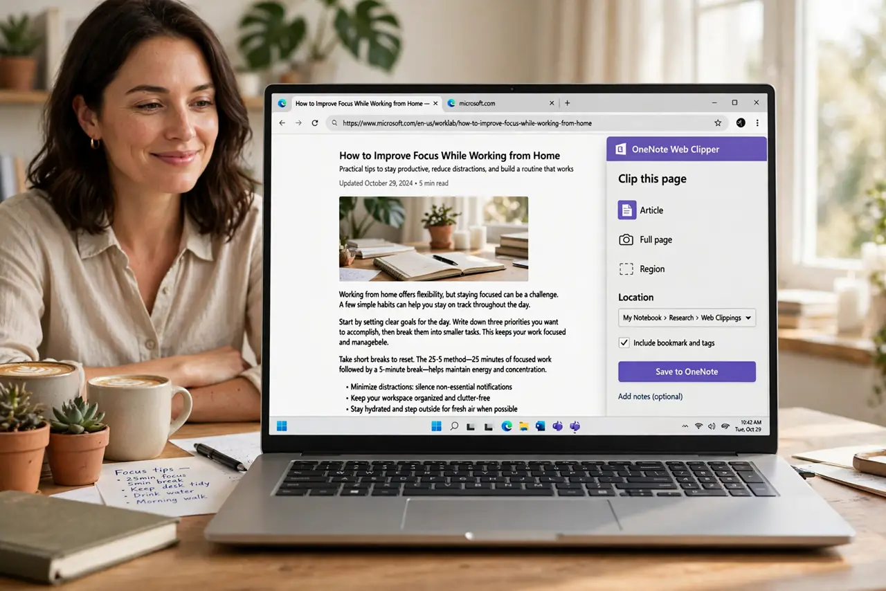 Photoreal photo: a calm person at a desk with a real laptop showing a browser with the OneNote Web Clipper panel open and legible beside an article, the person's face pleased. No black screen, no blank white screen, no f