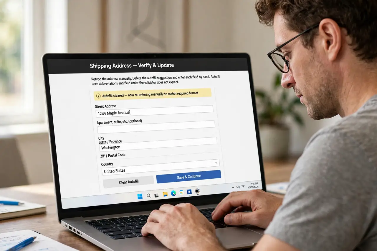 A person performing step 1 of the guide: Retype the address manually. Delete what autofill filled and type each field by hand. Autofill loves abbreviations and orders the validator does not expect.