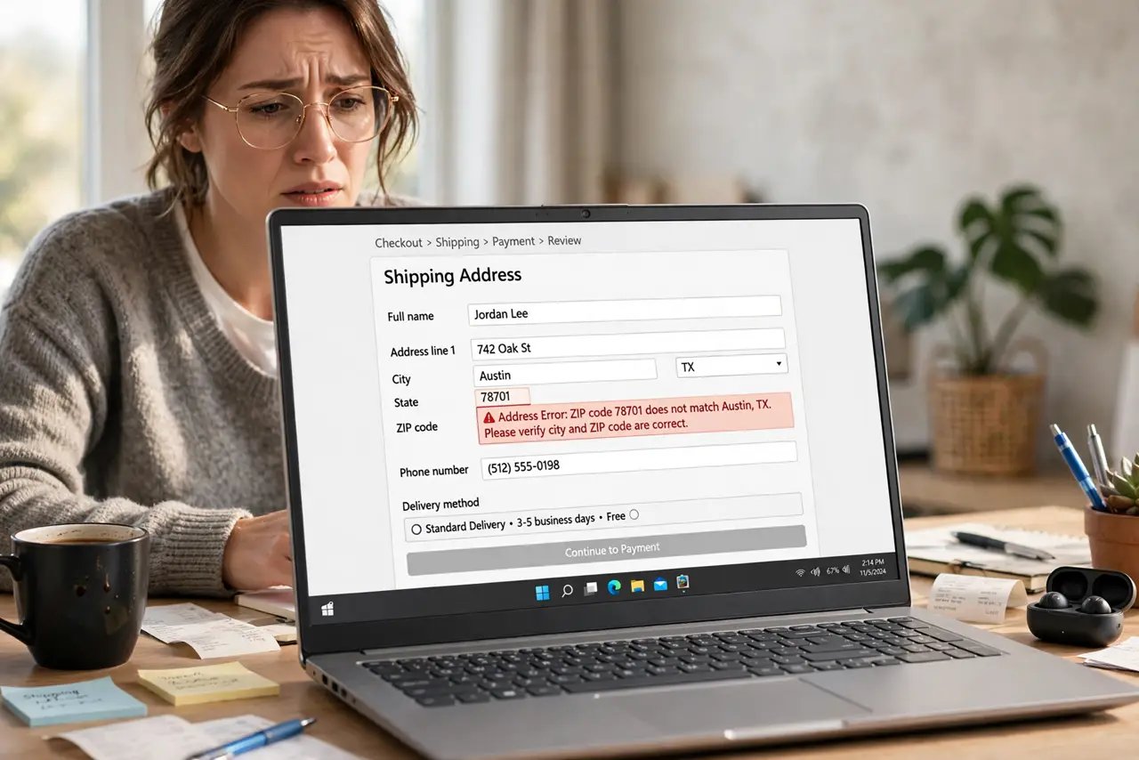 a calm adult at a desk with a real laptop showing a checkout form with an address error message highlighted and legible. No black screen, no blank white screen, no fake or garbled screen text.