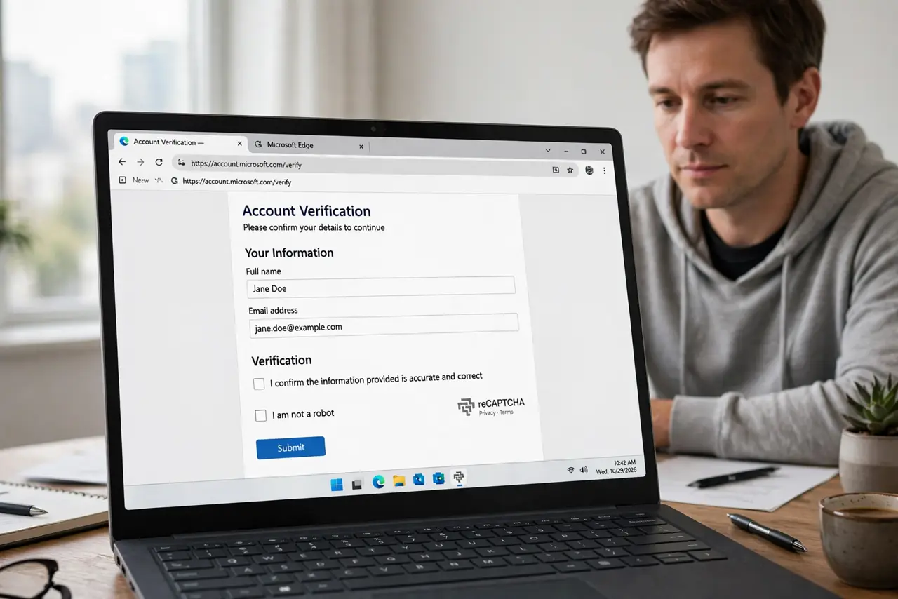 Photorealistic photo: A calm adult at a desk with a real Windows laptop, an online form open in the browser with a verification checkbox visible, screen text legible.
