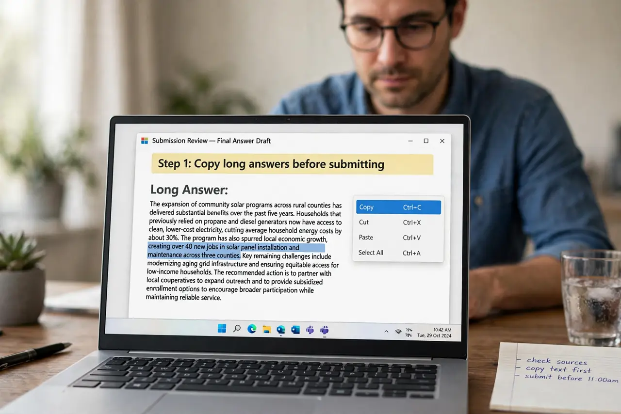 Person performing step 1: Copy long answers before submitting. Select long text answers and copy them into a document before you press submit. If the submit...