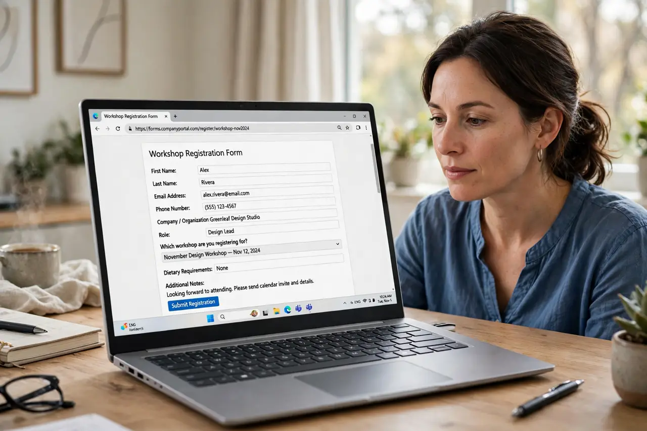 Photorealistic photo: A calm adult at a desk with a real Windows laptop, an online form open in the browser with fields filled, screen text legible.