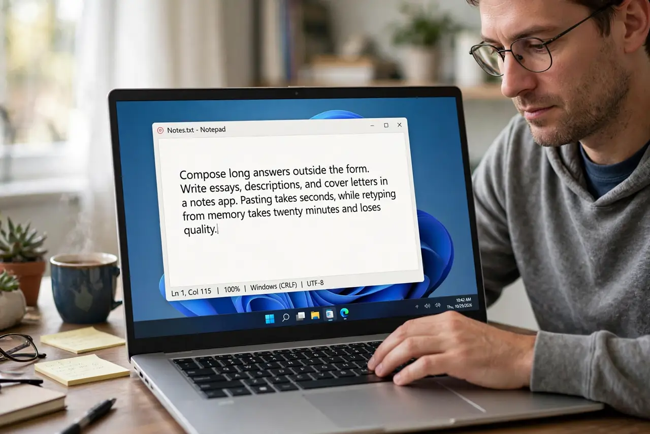 A person performing step 1 of the guide: Compose long answers outside the form. Write essays, descriptions, and cover letters in a notes app. Pasting takes seconds, while retyping from memory takes twenty minutes and lose...