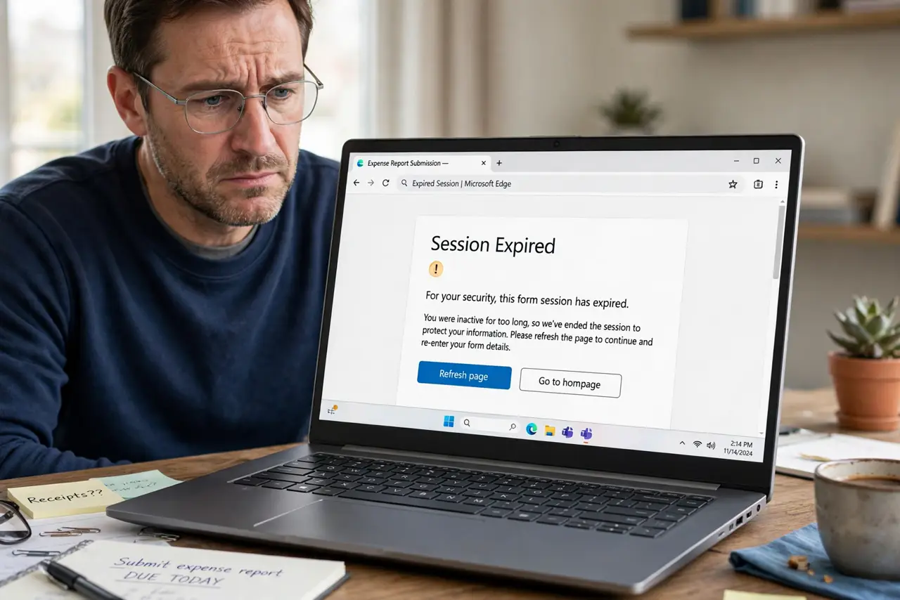 a calm adult at a desk with a real laptop showing an expired form session message with legible text, the person looking frustrated but calm. No black screen, no blank white screen, no fake or garbled screen text.