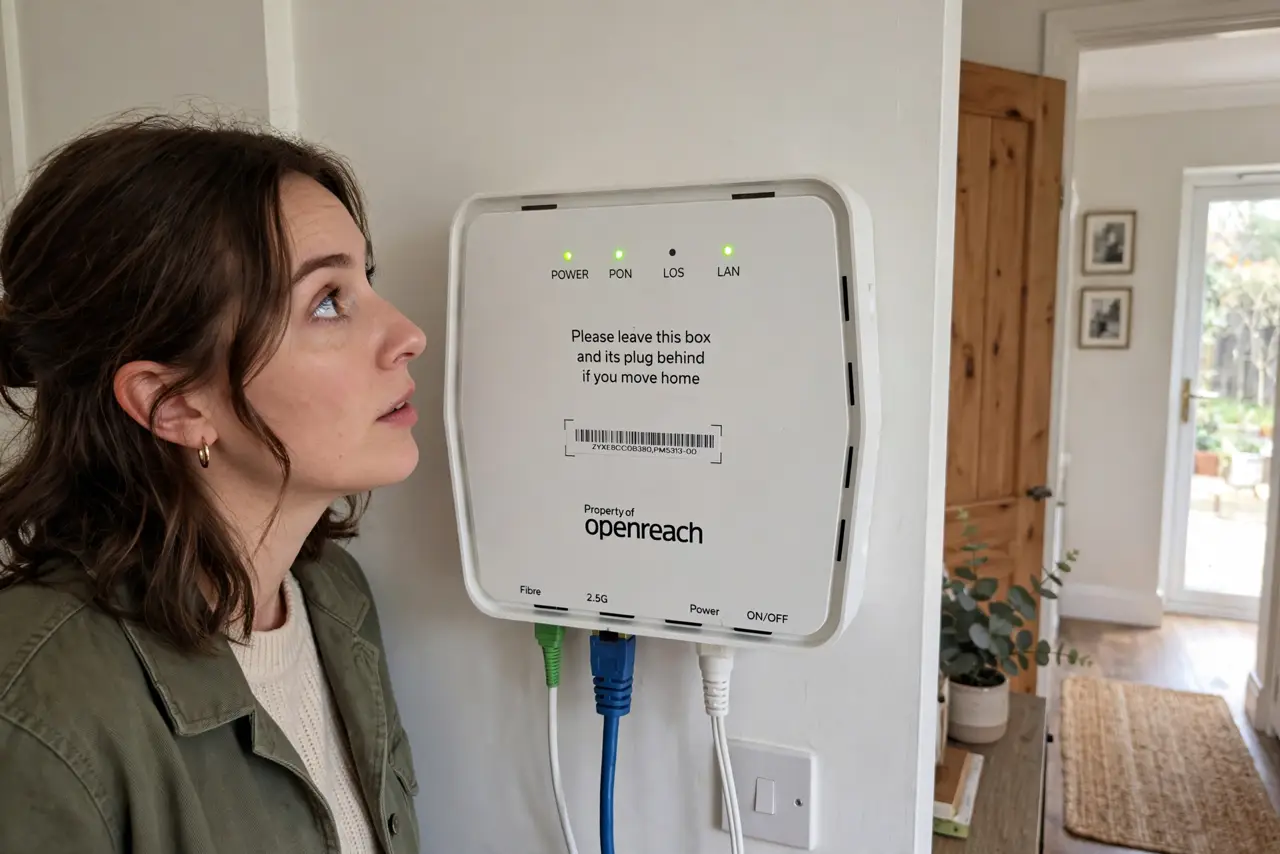 a person looking at a real fiber ONT box mounted on a wall with indicator lights visible, the person's face curious, home hallway. No black screen, no blank white screen, no fake o.