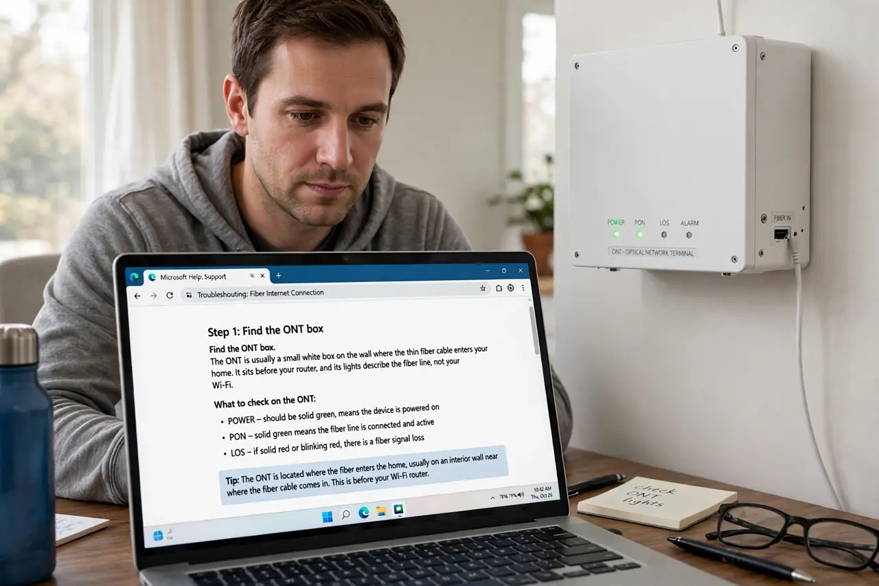 A person performing step 1 of the guide: Find the ONT box. The ONT is usually a small white box on the wall where the thin fiber cable enters your home. It sits before your router, and its lights describe the fiber line, ...