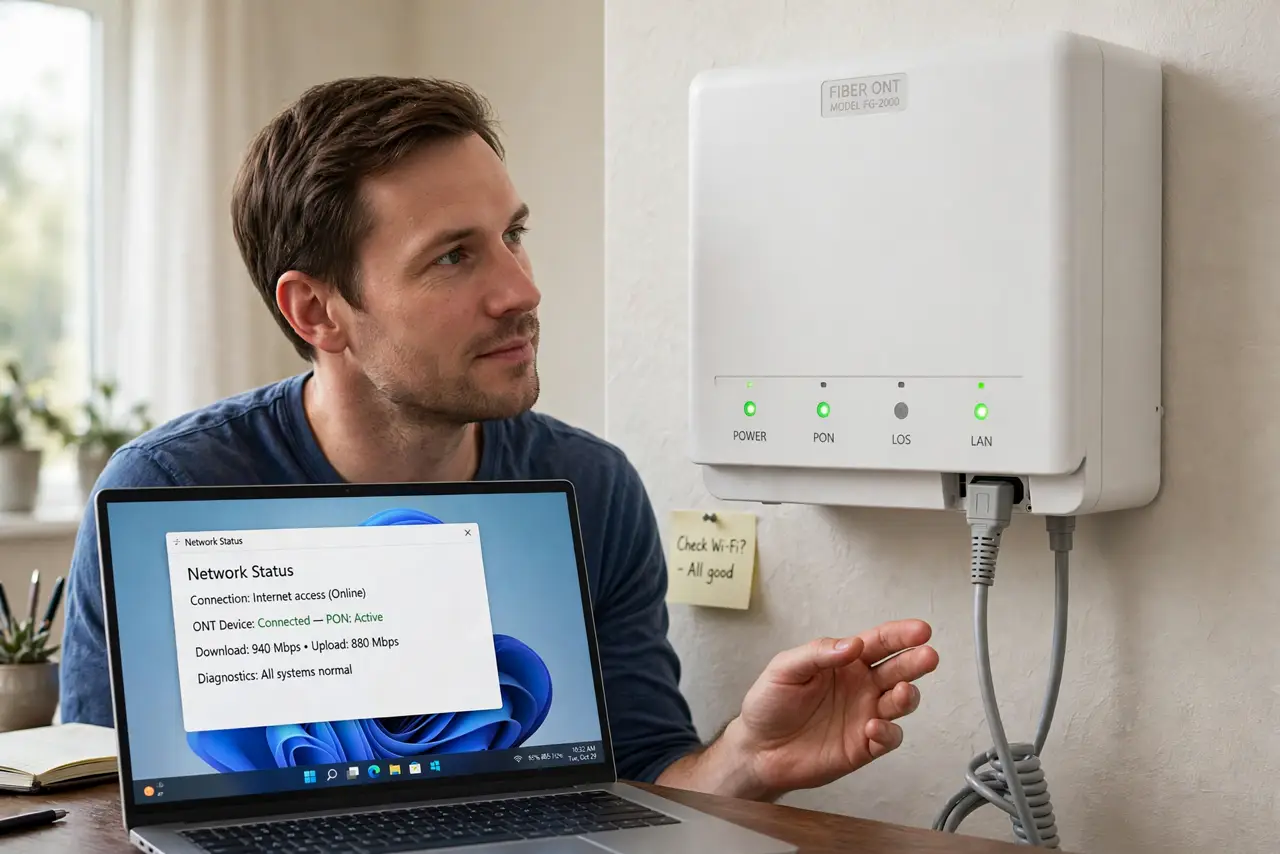 a calm adult looking at a real white fiber ONT box mounted on a wall, the small status lights clearly visible and legible, the person's hand near but not touching the fiber cable. No black screen, no blank white scree...