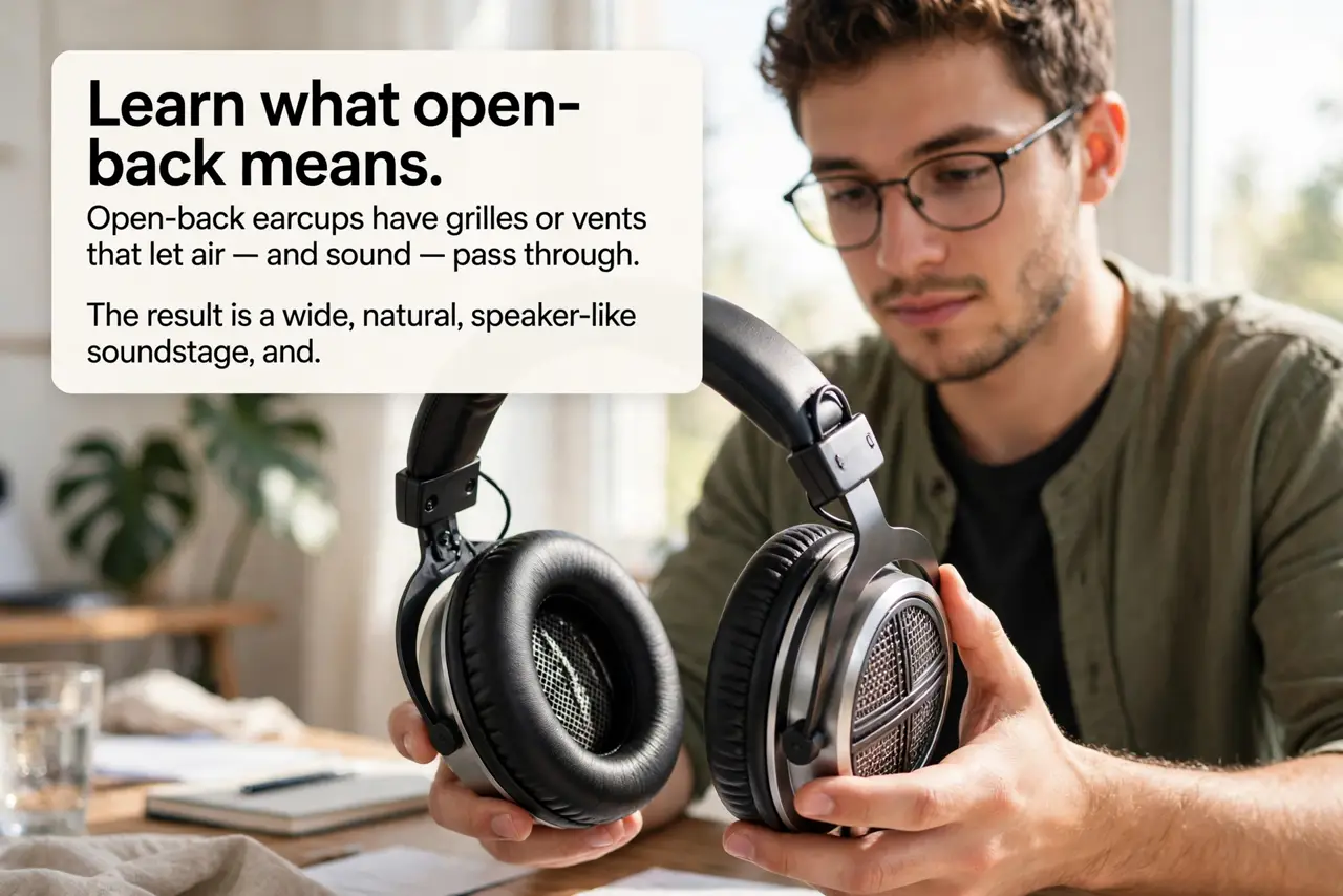 A person performing step 1: Learn what open-back means. Open-back earcups have grilles or vents that let air — and sound — pass through. T.