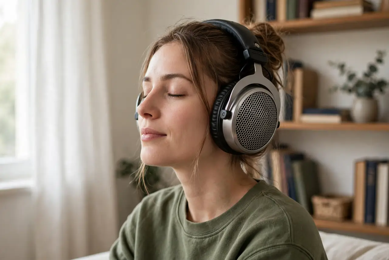 A person at home wearing real open-back headphones with visible grilles on the earcups, listening with eyes closed, a quiet room with a bookshelf, the person's face relaxed.