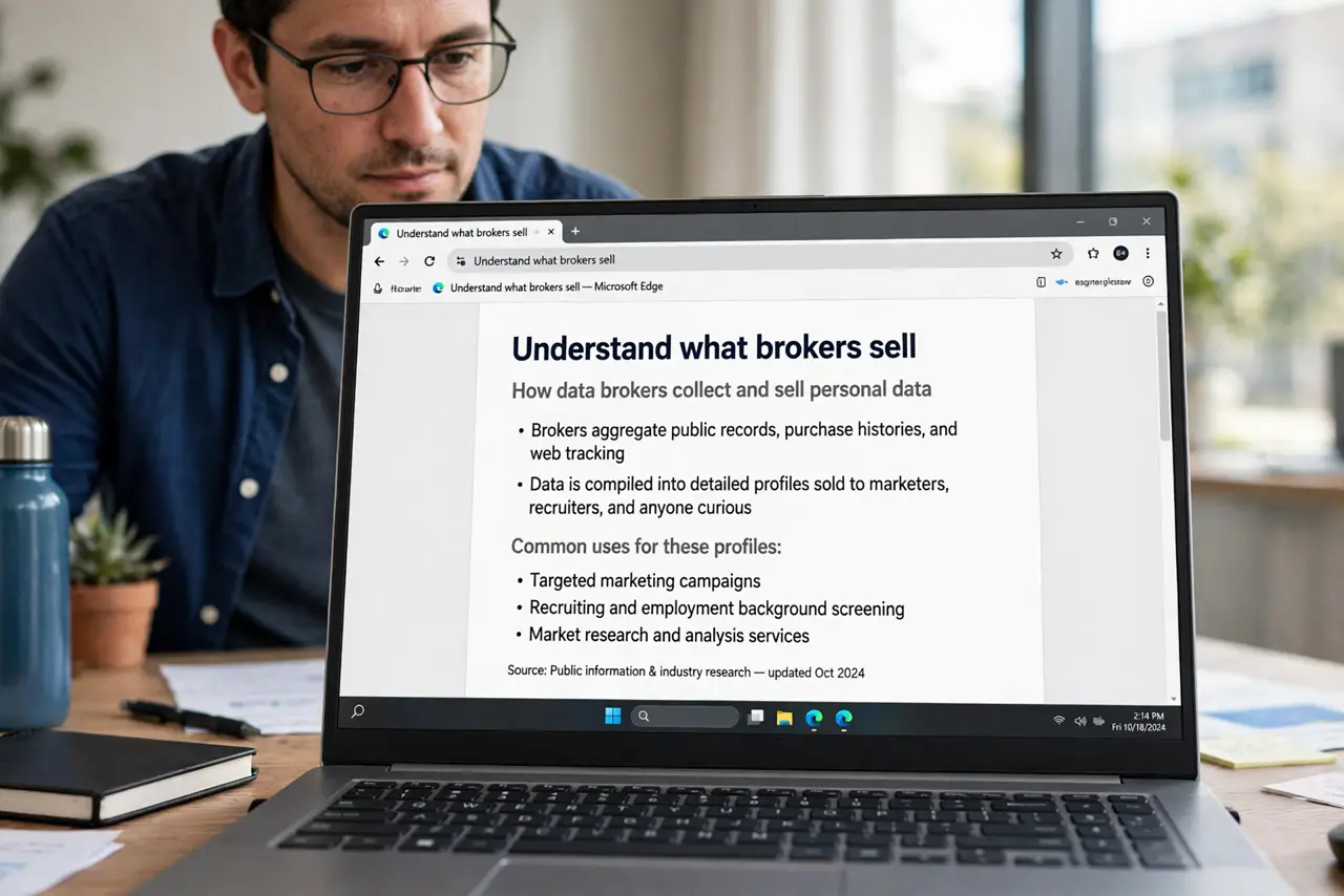 A person performing step 1: Understand what brokers sell. Brokers aggregate public records, purchase histories, and web tracking into prof.