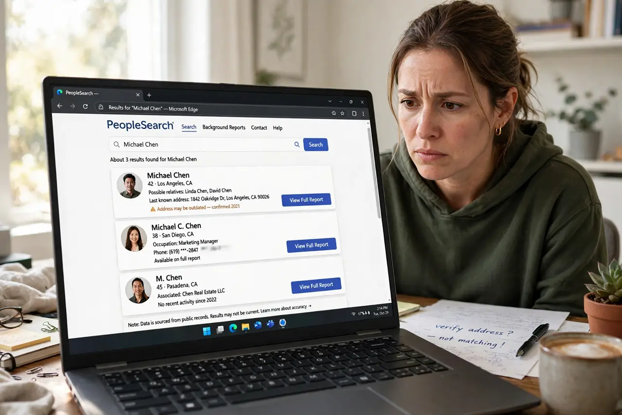 A person at a desk looking at a real laptop showing a people-search website with profile listings on screen, the person's face concerned but determined, home office.
