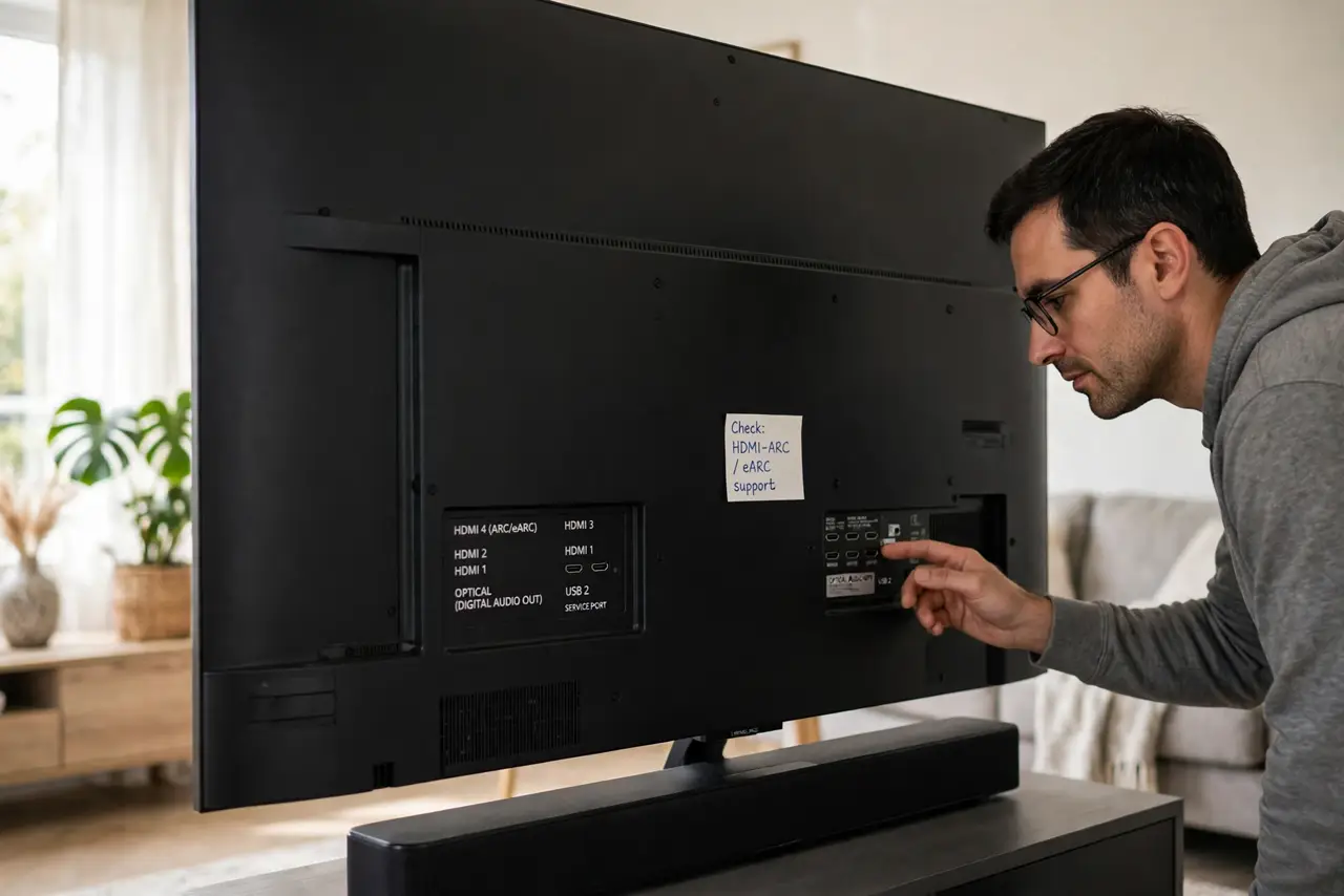 Photoreal photo of a person performing the first step: Check what both devices support. Look for HDMI-ARC or eARC labels on the TV and soundbar. If...