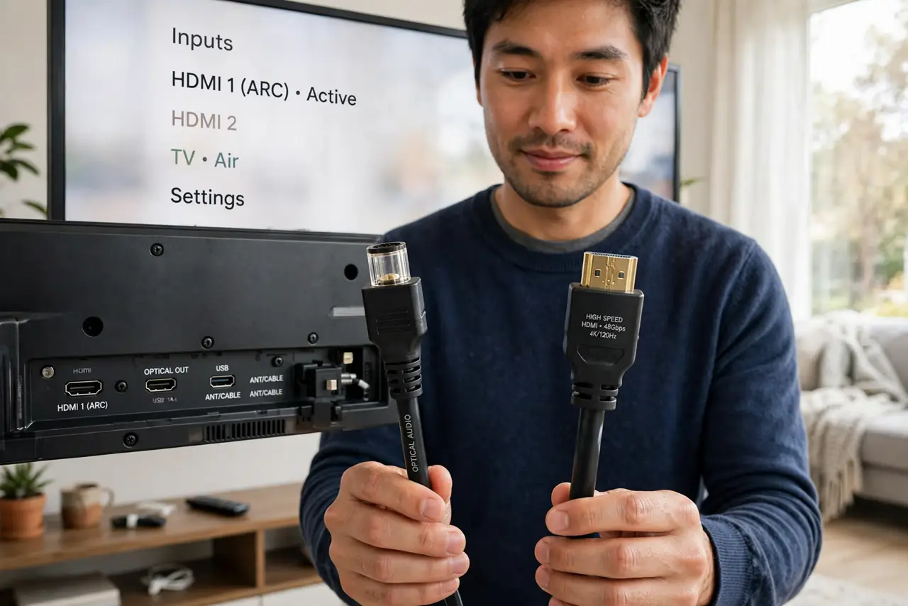 Photoreal photo: a person behind a real TV comparing a real optical cable and a real HDMI cable in their hands, the TV's ports visible, the person's face thoughtful, living room. No black screen, no blank white scr...