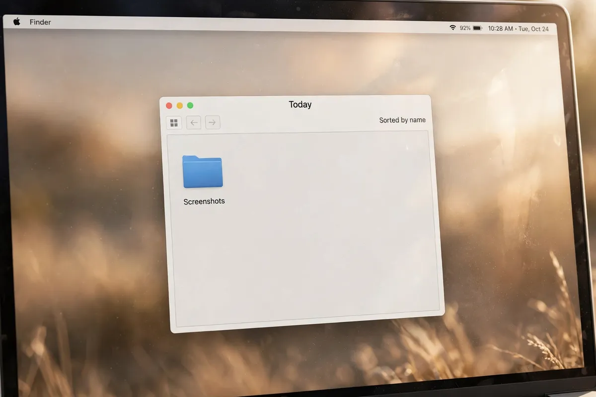A Mac Finder window titled Today with a Screenshots folder inside it, showing how today's work is kept in one folder.