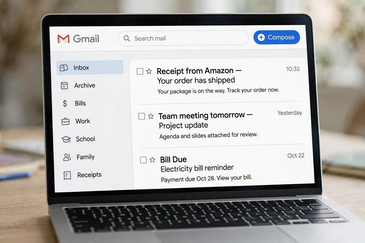 A Gmail inbox on a laptop with labels for Bills, Work, School, Family, and Receipts in the sidebar.