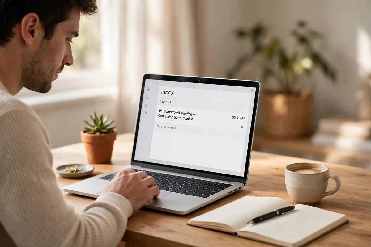 A person at a bright, tidy desk checking a laptop showing a nearly empty inbox, with a notebook and a coffee cup beside it.