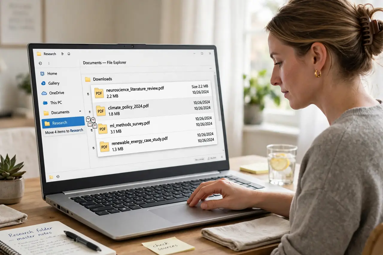Photoreal photo of a person performing the first step: Create one master research folder. Make a single folder (for example Research) in your document