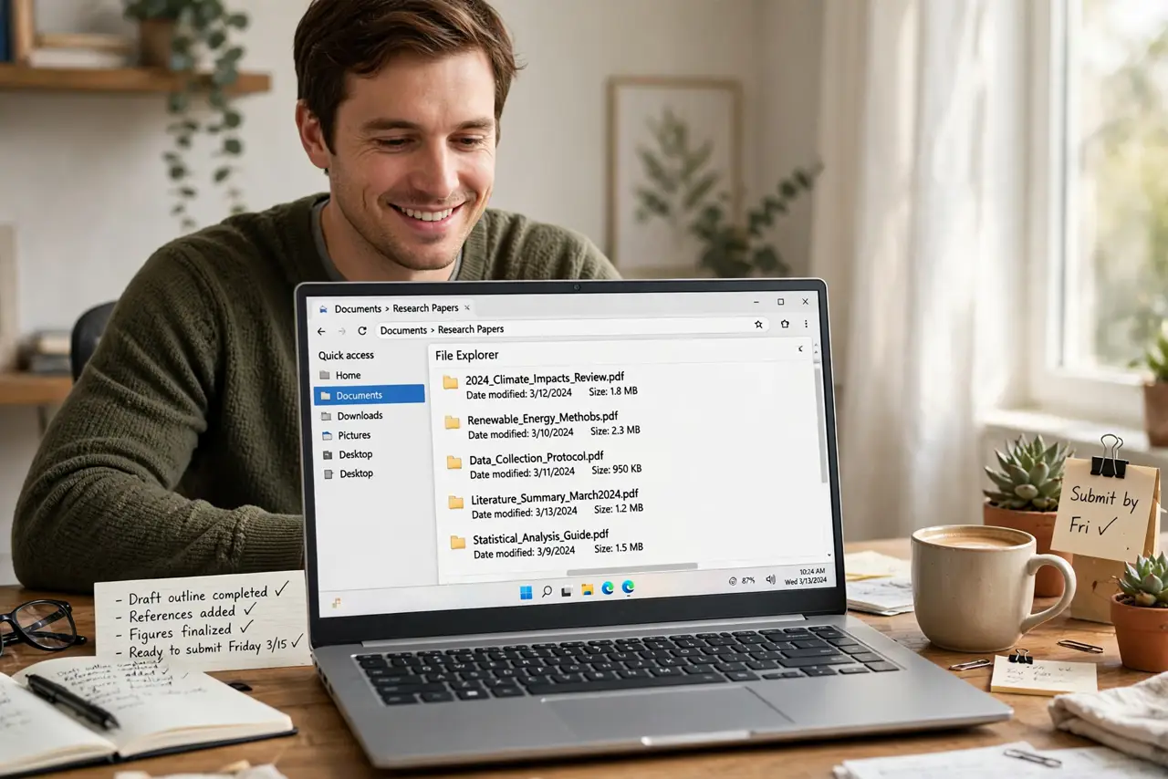 Photoreal photo: a person at a desk with a real laptop showing a tidy folder of PDF research papers with legible file names, a notebook beside it, the person's face relieved and organized, home office. No black screen, no blank white