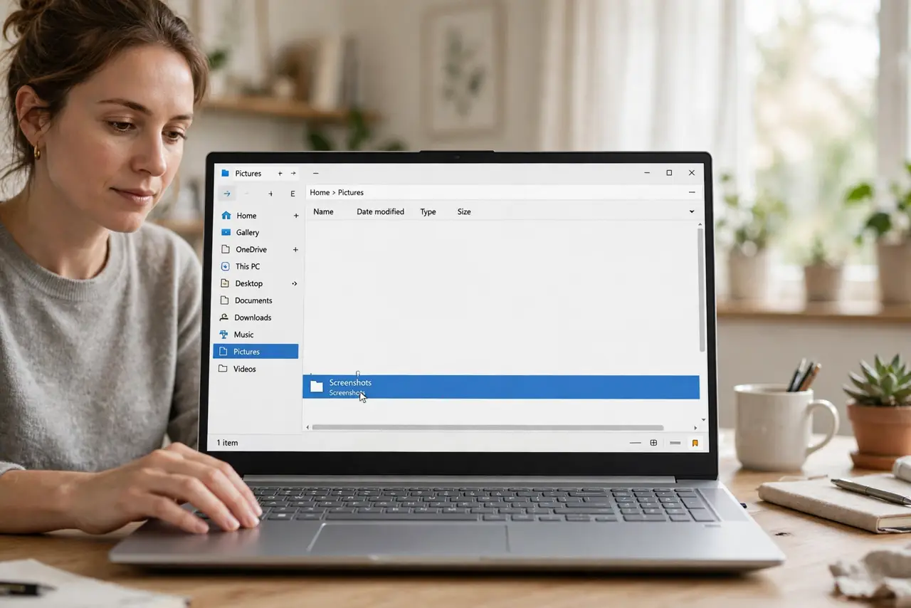 Photoreal photo of a person performing the first step: Create one screenshots home. Make a single Screenshots folder — in Pictures or Documents. Ev...