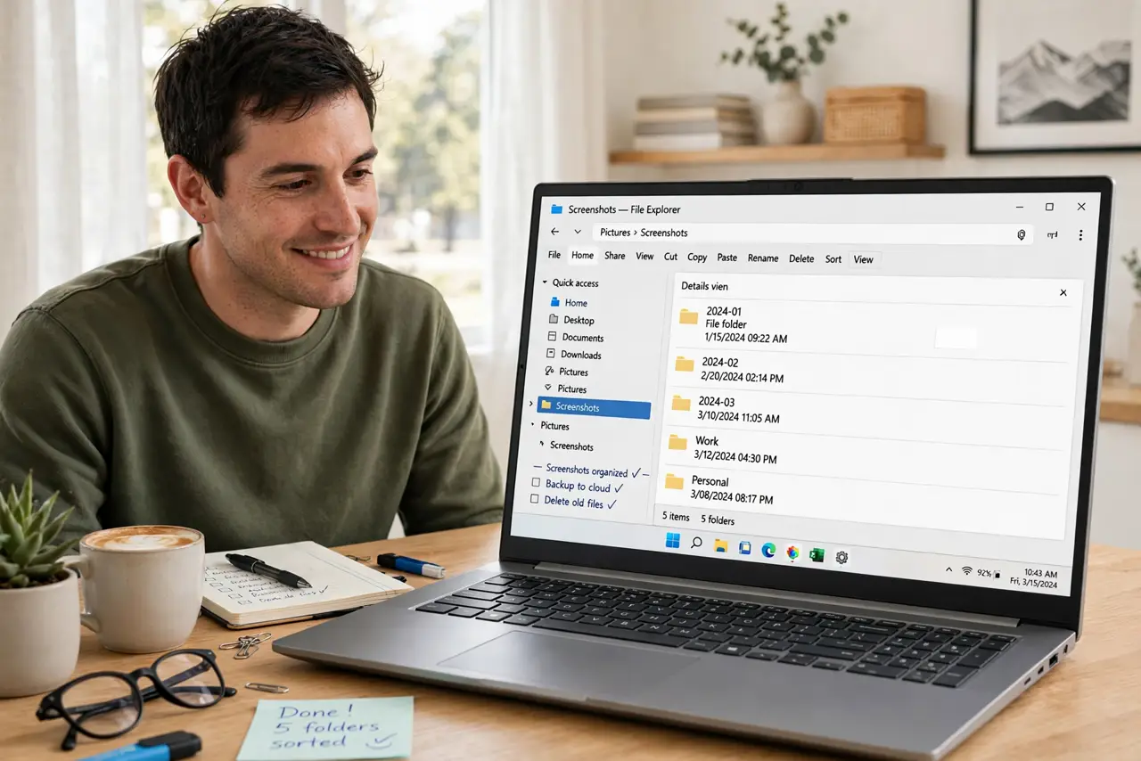 Photoreal photo: a person at a real computer showing a legible screenshots folder with neatly organized subfolders, the person's face relieved, bright home office. No black screen, no blank white screen, no fake or...