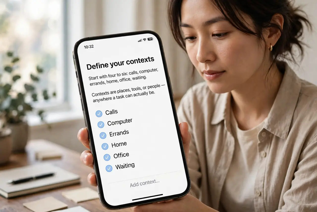 A person performing the guide's first step: Define your contexts. Start with four to six: Calls, Computer, Errands, Home, Office, Waiting. Contexts are places, tools, or people —…