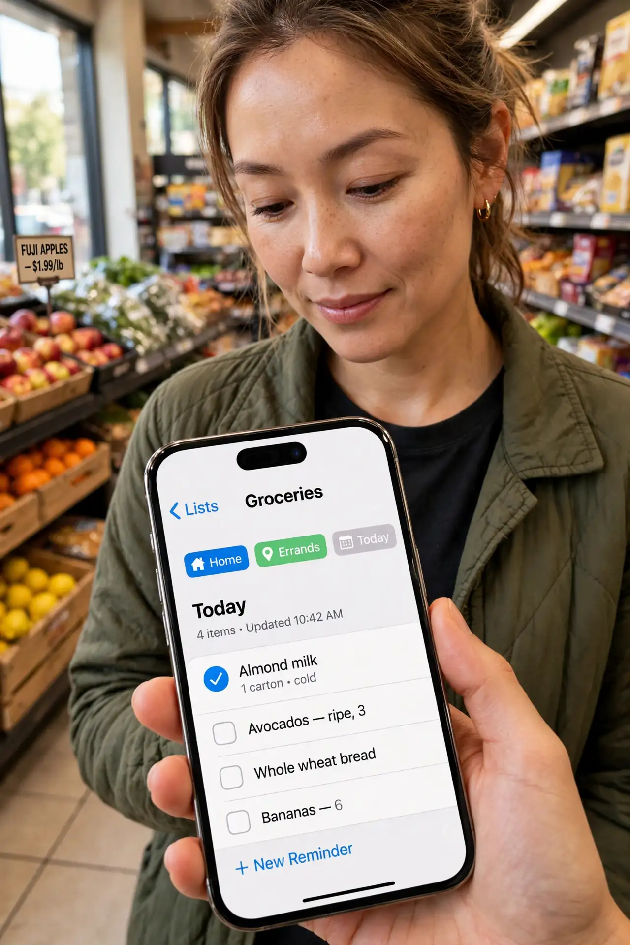 A person checking a real phone task list showing legible context tags while standing in a grocery store aisle, the person's face efficient and satisfied, daylight.