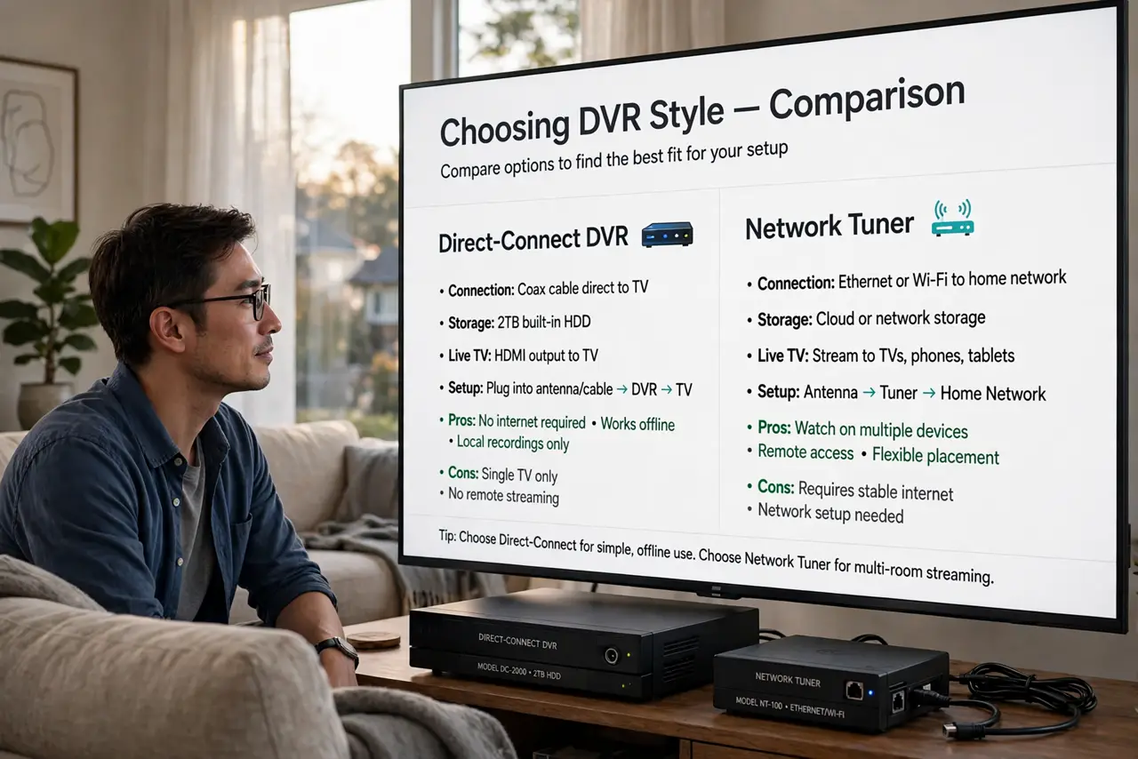 Photoreal photo of a person performing the first step: Pick your DVR style. Two main flavors: a box that connects directly to one TV (simple, cheap...