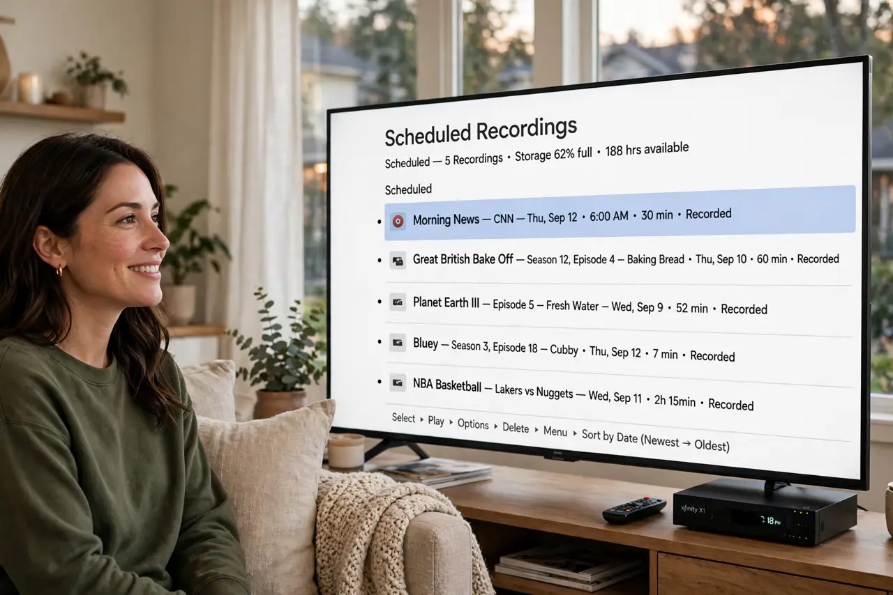 Photoreal photo: a person browsing a real DVR program guide on a real TV showing scheduled recordings with legible titles, a small tuner box beside the TV, the person's face pleased, living room evening. No black s...