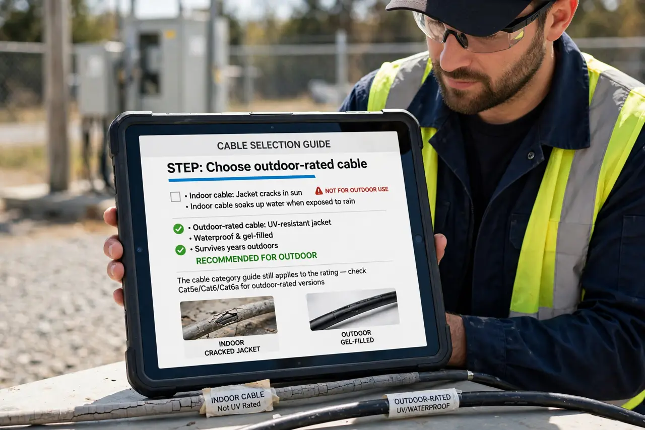 A person performing the first step of the guide: Choose outdoor-rated cable. Indoor cable's jacket cracks in sun and soaks up water. Outdoor-rated.