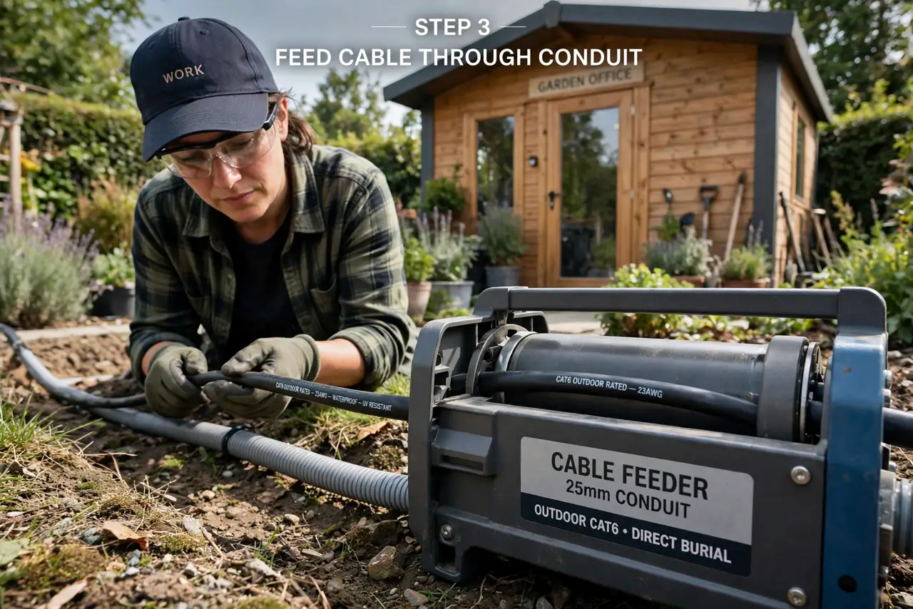 A person feeding a real outdoor-rated Ethernet cable through conduit in a garden trench, a garden office shed visible behind, the person's face.