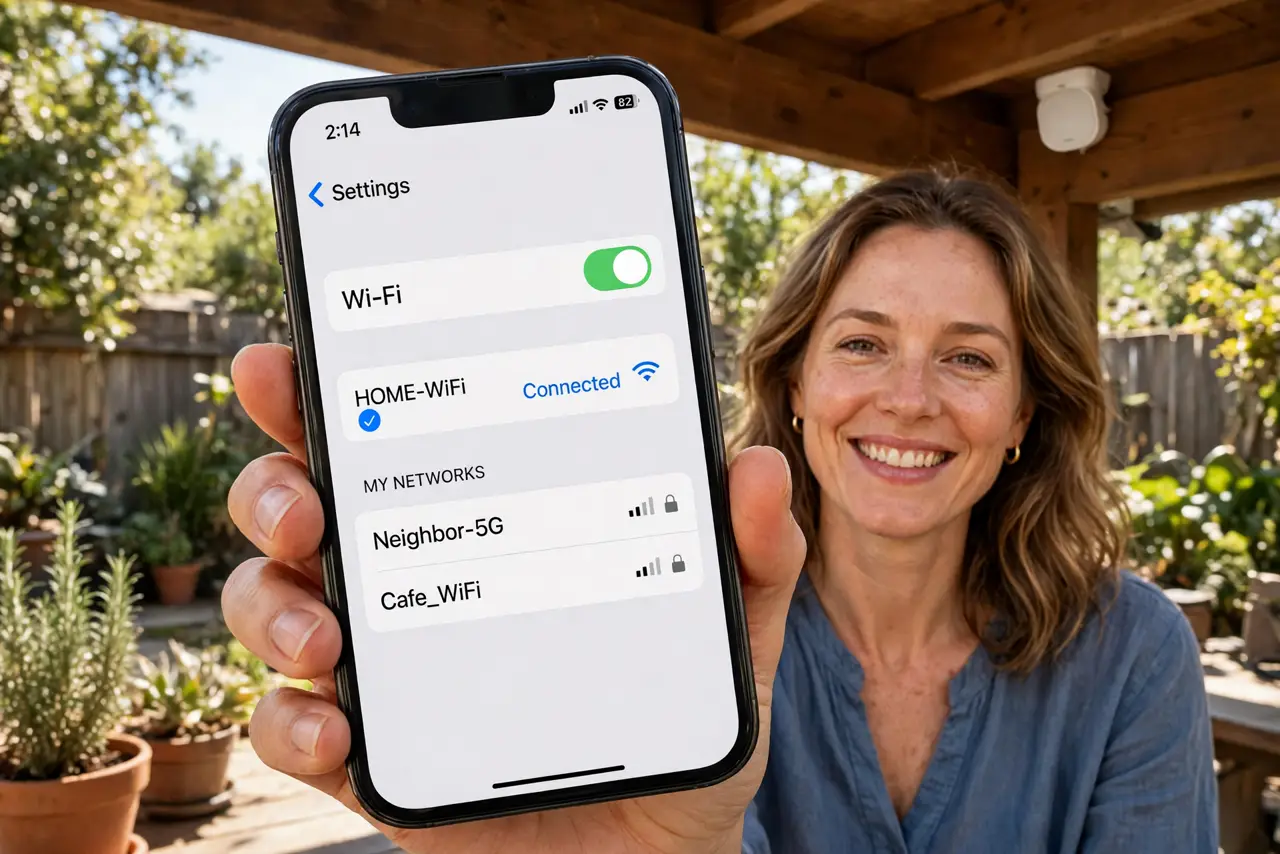 Get Wi-Fi in the Backyard — a relaxed adult in a real backyard holding a real phone showing full Wi-Fi bars, a small weatherproof access p