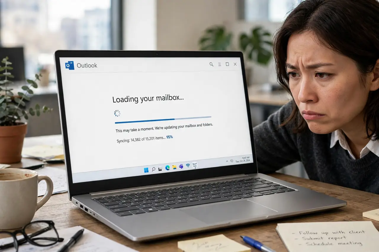 A person staring at a real laptop screen showing Outlook loading slowly with a visible progress indicator, the person's face frustrated, office desk.