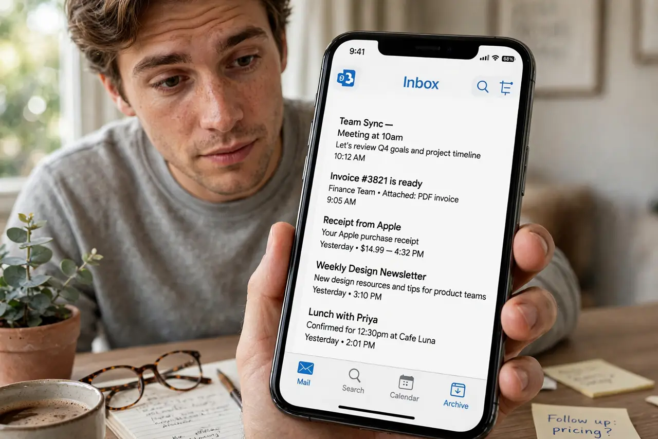 A person holding a real smartphone showing the Outlook app inbox with a legible email list and an archive icon visible, the person's face curious, home desk.