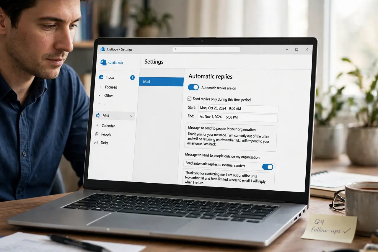 A person performing the first step: Open Automatic Replies. Classic: File > Automatic Replies. New Outlook and web: Settings > Mail > Automatic replies..