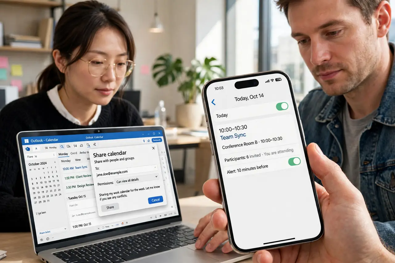 a person using a real laptop showing Outlook calendar with the share dialog open and legible, a second person checking their phone nearby, the person's face focused, bright office.