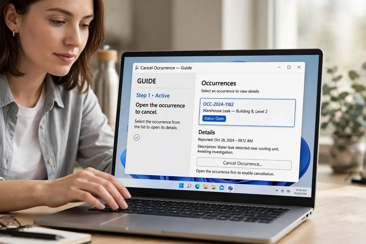 A person doing the guide's first step: Open the occurrence to cancel.