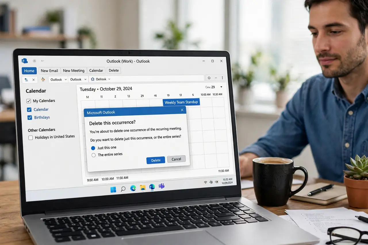 A person deleting one meeting occurrence on a real laptop screen showing Outlook with a delete-single-instance confirmation dialog, the person's face calm, office desk.