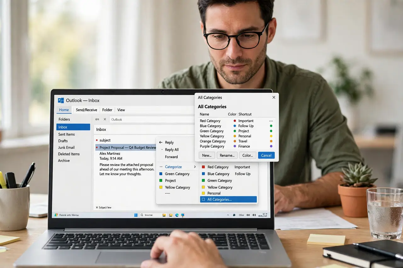 A person performing the first step: Open All Categories. Right-click a message > Categorize > All Categories. This is the master list — renaming here.