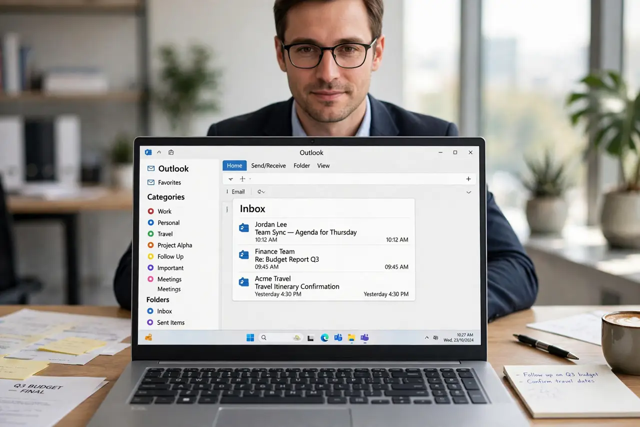 An adult at an office desk using a real Windows laptop showing the Outlook category list with colored categories fully legible, the person's face organized and calm, office.