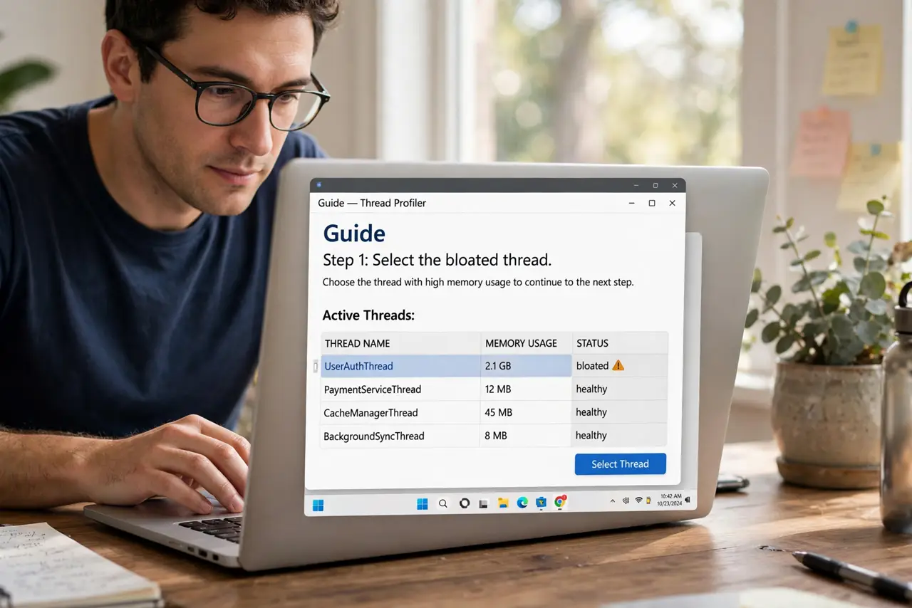 A person doing the guide's first step: Select the bloated thread.