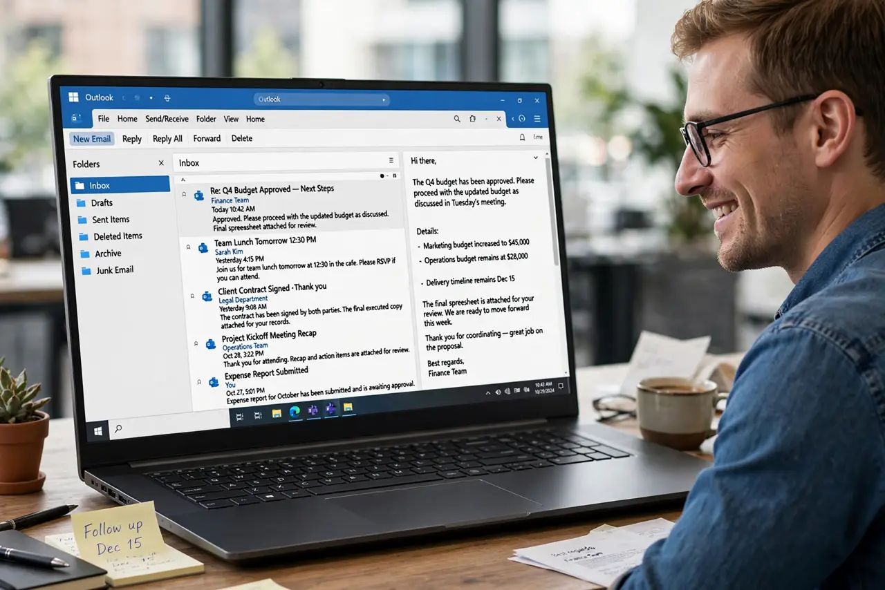 A person looking at a real Windows laptop showing Outlook with a cleaned-up email thread and legible message list, the person's face satisfied, office desk.