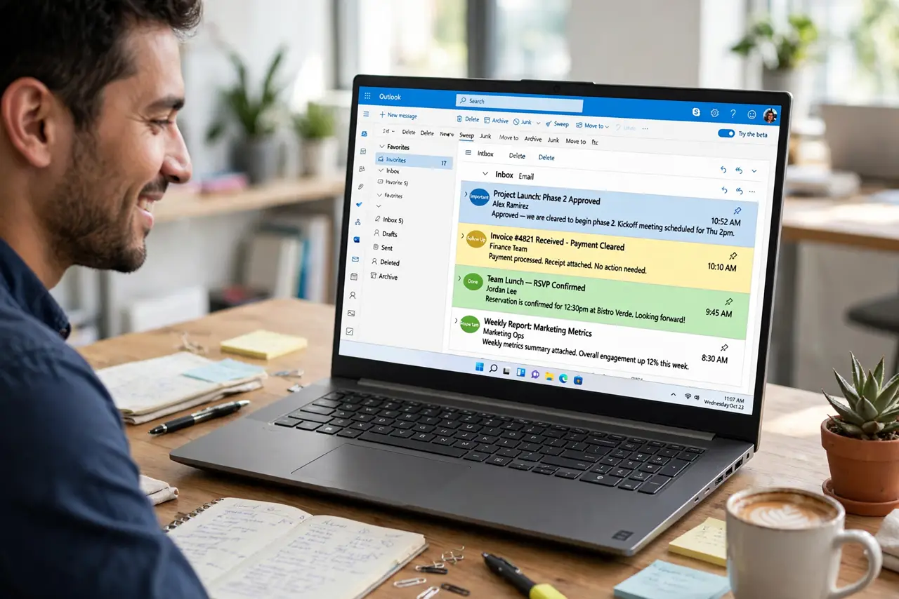 A person looking at a real laptop screen showing an Outlook inbox with some email rows highlighted in different colors, the person's face satisfied, office desk.